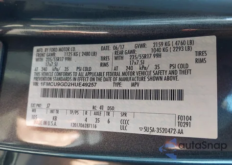 2017 Ford Escape Se from USA, damaged, VIN 1FMCU9GD2HUE49257